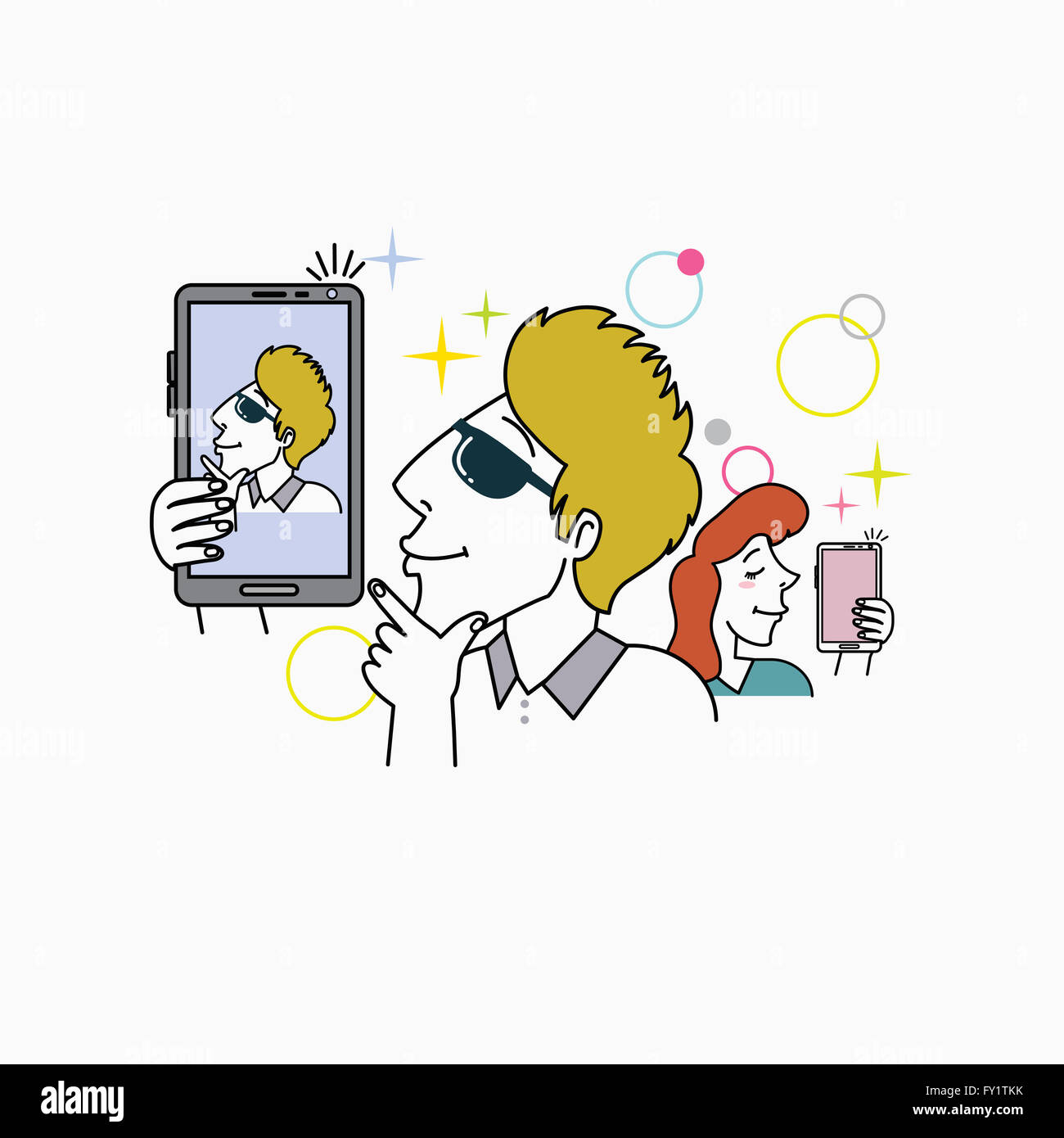 Tenendo self immagine sullo smartphone nella illustrazione Foto Stock