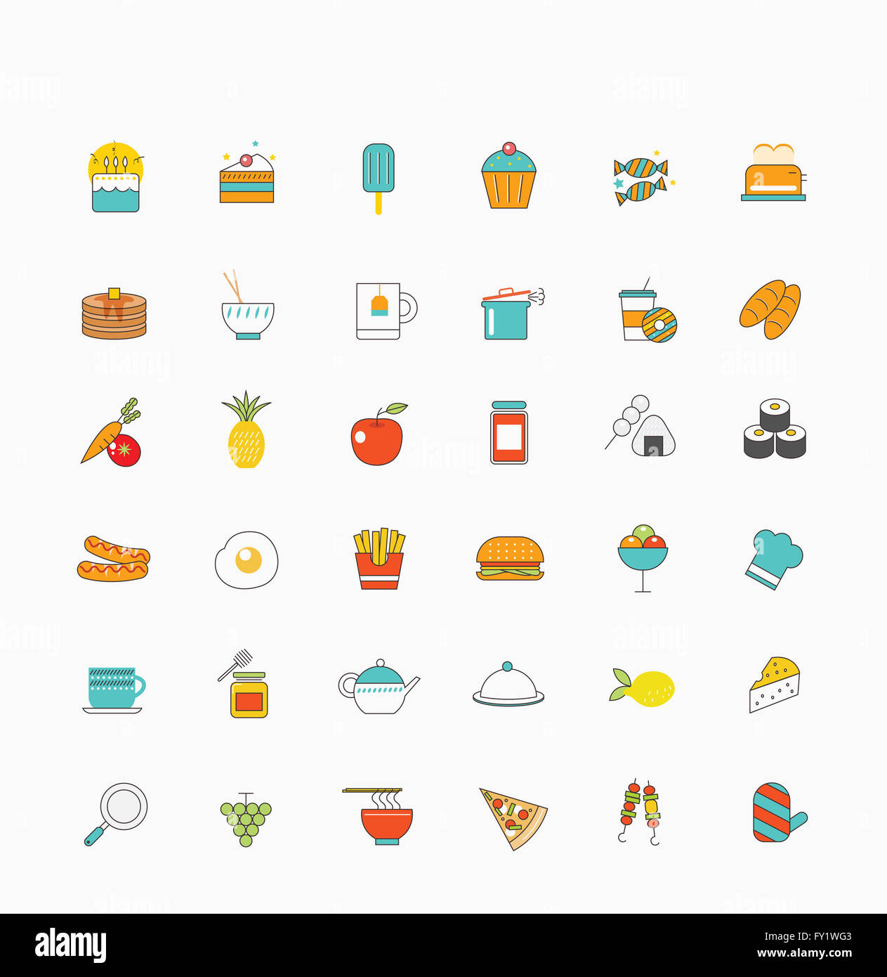 Varie icone correlate al cibo in illustrazione Foto Stock