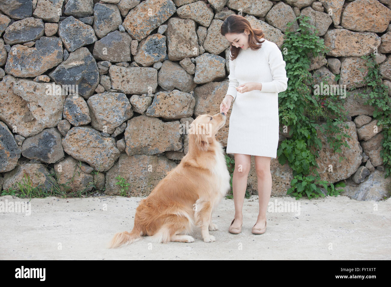 Donna in piedi e toccando un cane dalla parete di pietra Foto Stock