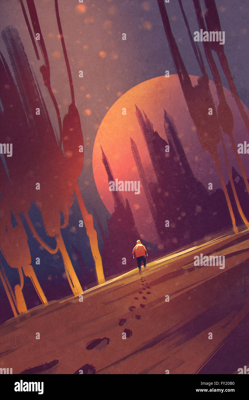Uomo che cammina nel paesaggio insolito,illustrazione pittura Foto Stock