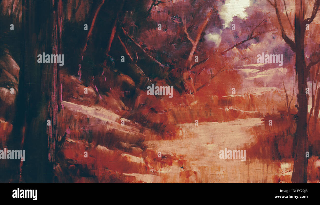 Paesaggio della foresta rossa con olio stile della pittura Foto Stock