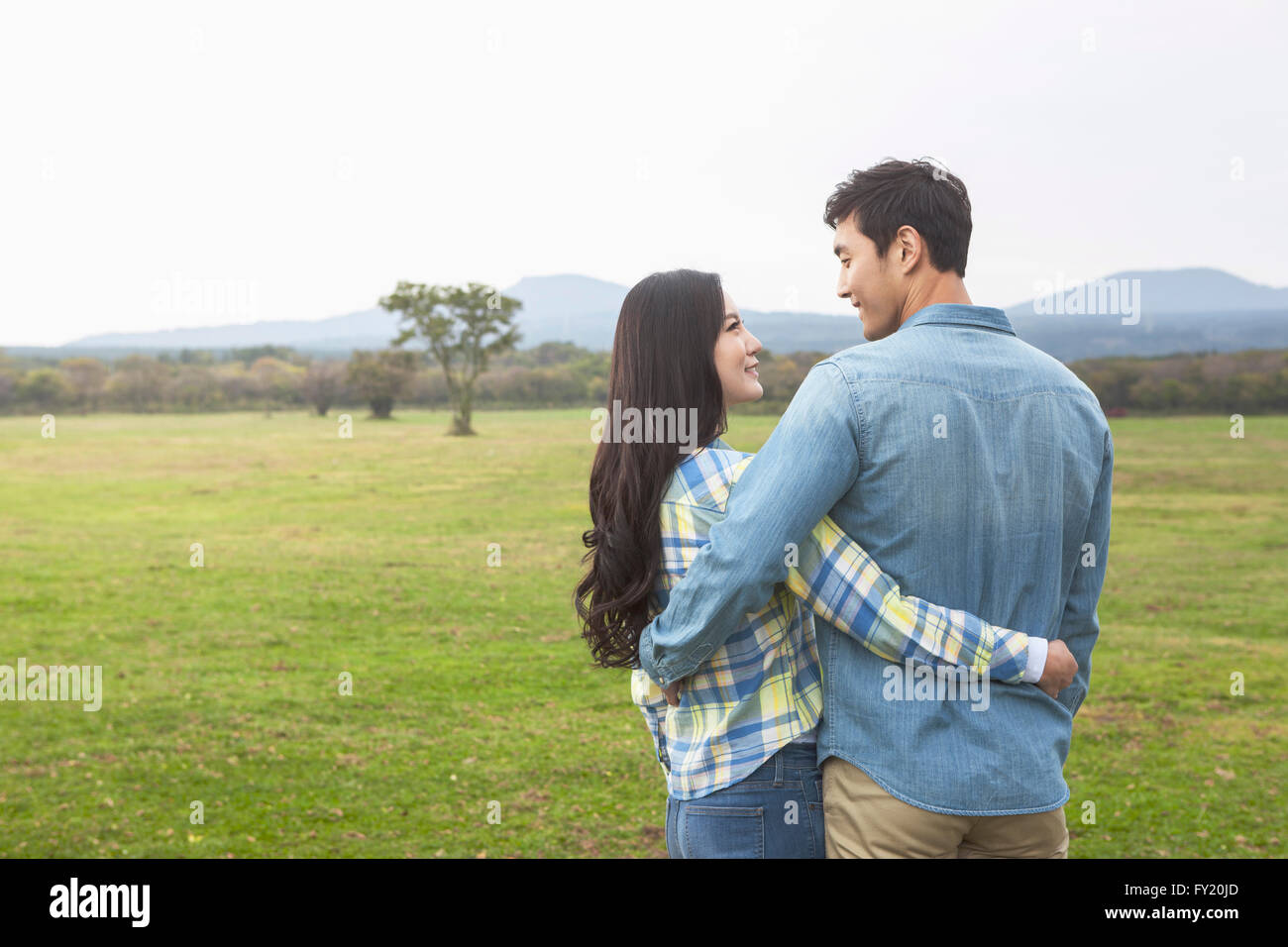 Giovane con le braccia intorno a ogni altro e guardando ogni altro in campo verde Foto Stock