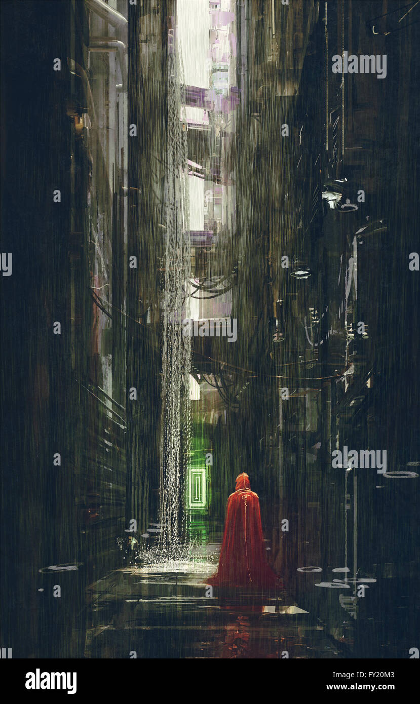 Red Riding Hood in vicolo futuristico,fantascienza scena, illustrazione Foto Stock