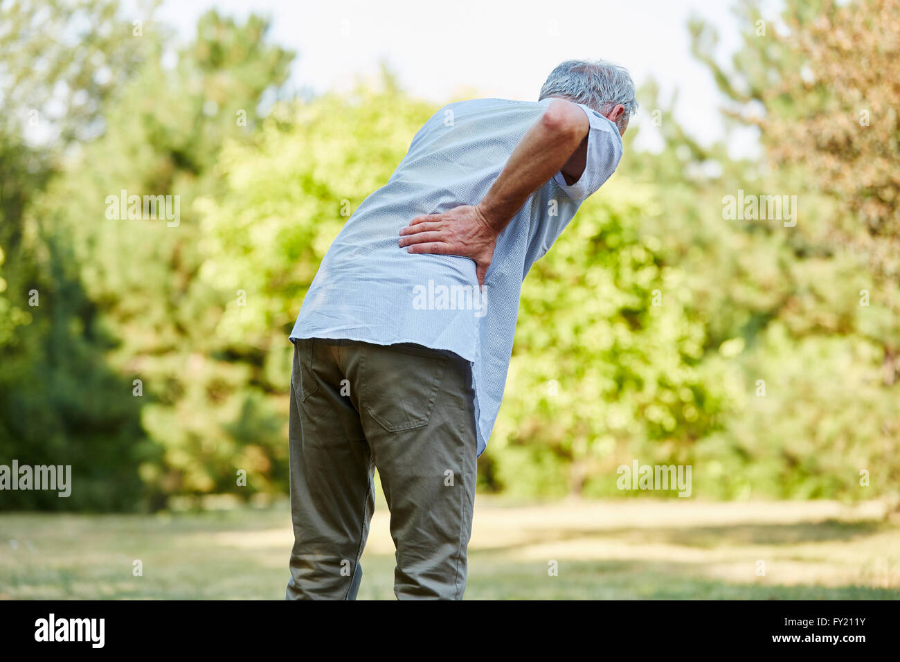 Il vecchio uomo con dolore alla schiena mentre si cammina nella natura Foto Stock