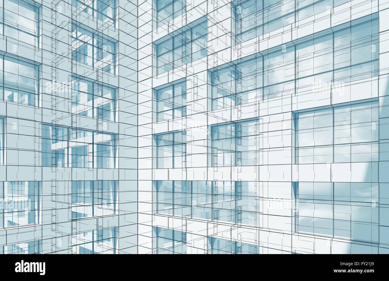 Blue abstract architettura moderna lo sfondo con il filo di trama a righe, 3D render illustrazione Foto Stock