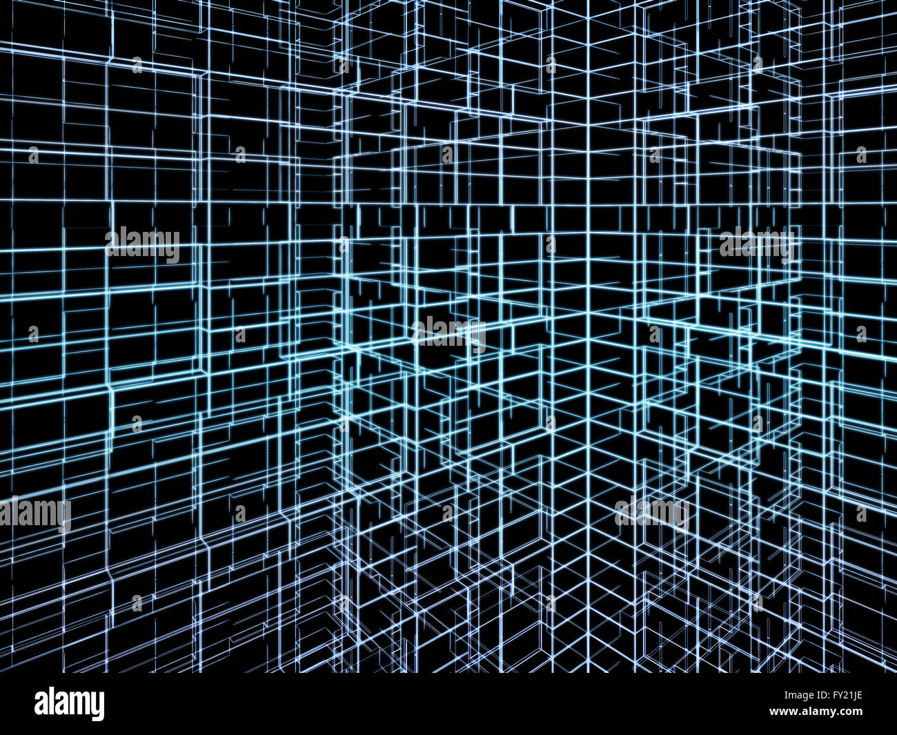 Abstract digital sfondo grafico. Modello di costruzioni geometriche, incandescente cavo neon blu le linee di trama su sfondo nero. Foto Stock