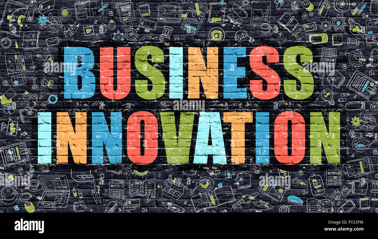 Multicolor Business Innovation on Dark Brickwall. Doodle stile. Foto Stock