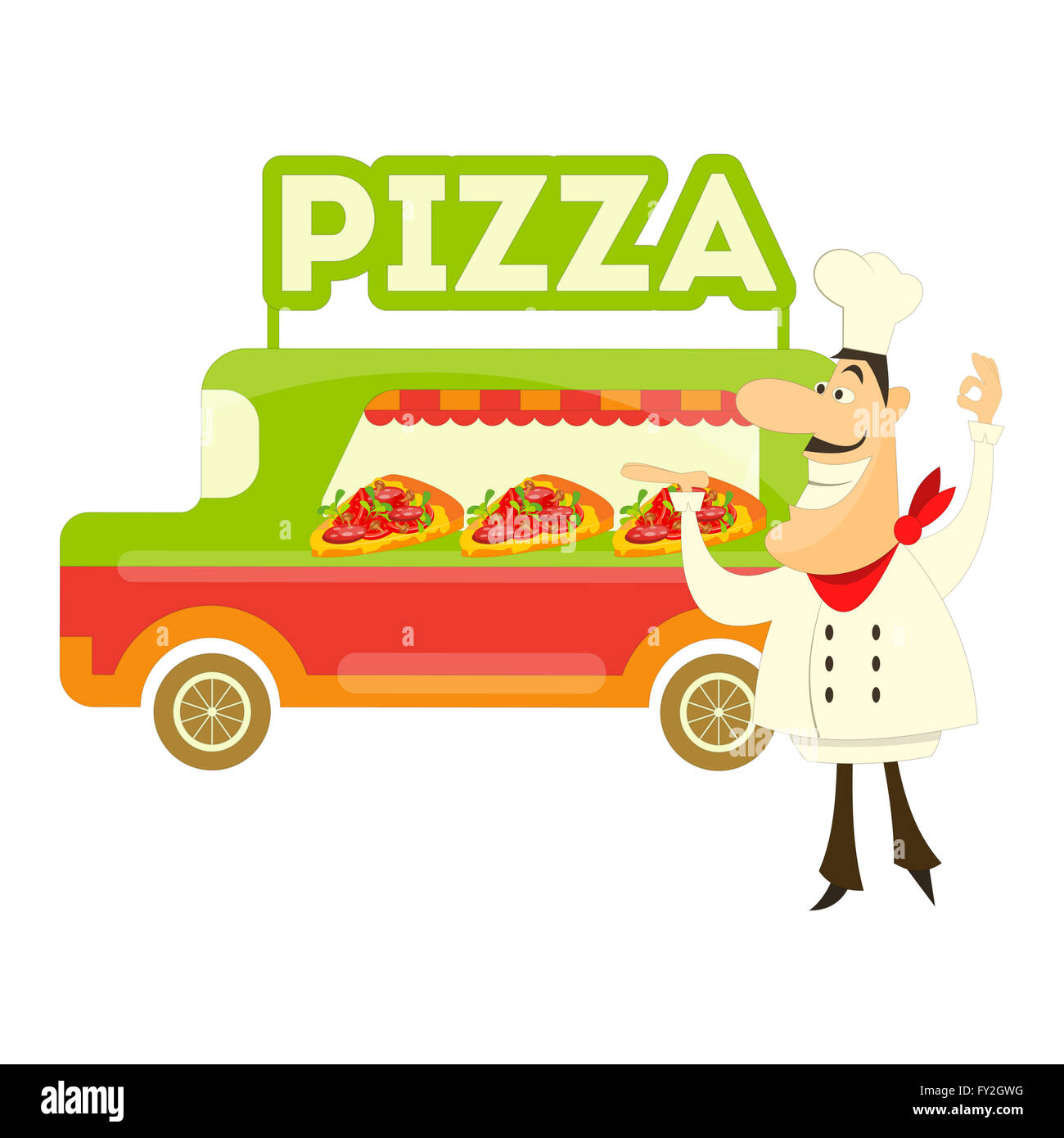 Italian Street Food - Italian venditore ambulante Pizza isolati su sfondo bianco. Illustrazione. Foto Stock