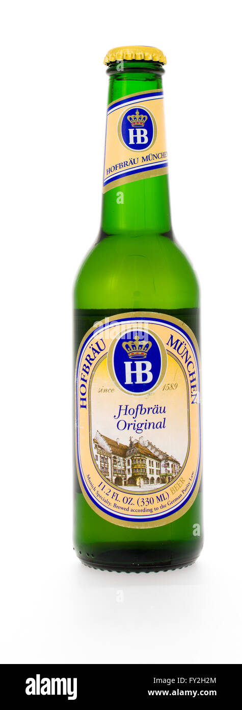 Winneconne, WI - 3 Febbraio 2015: Hofbrau birra originale è stata inizialmente prodotta nel 1589. Foto Stock