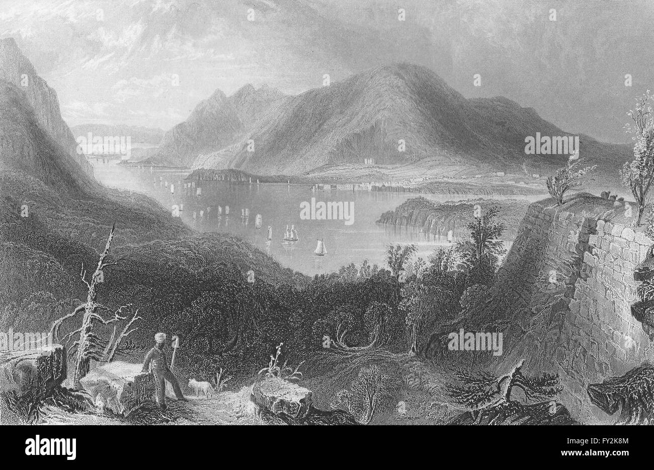 Vista da Fort Putnam (Fiume Hudson, New York. WH BARTLETT, antica stampa 1840 Foto Stock