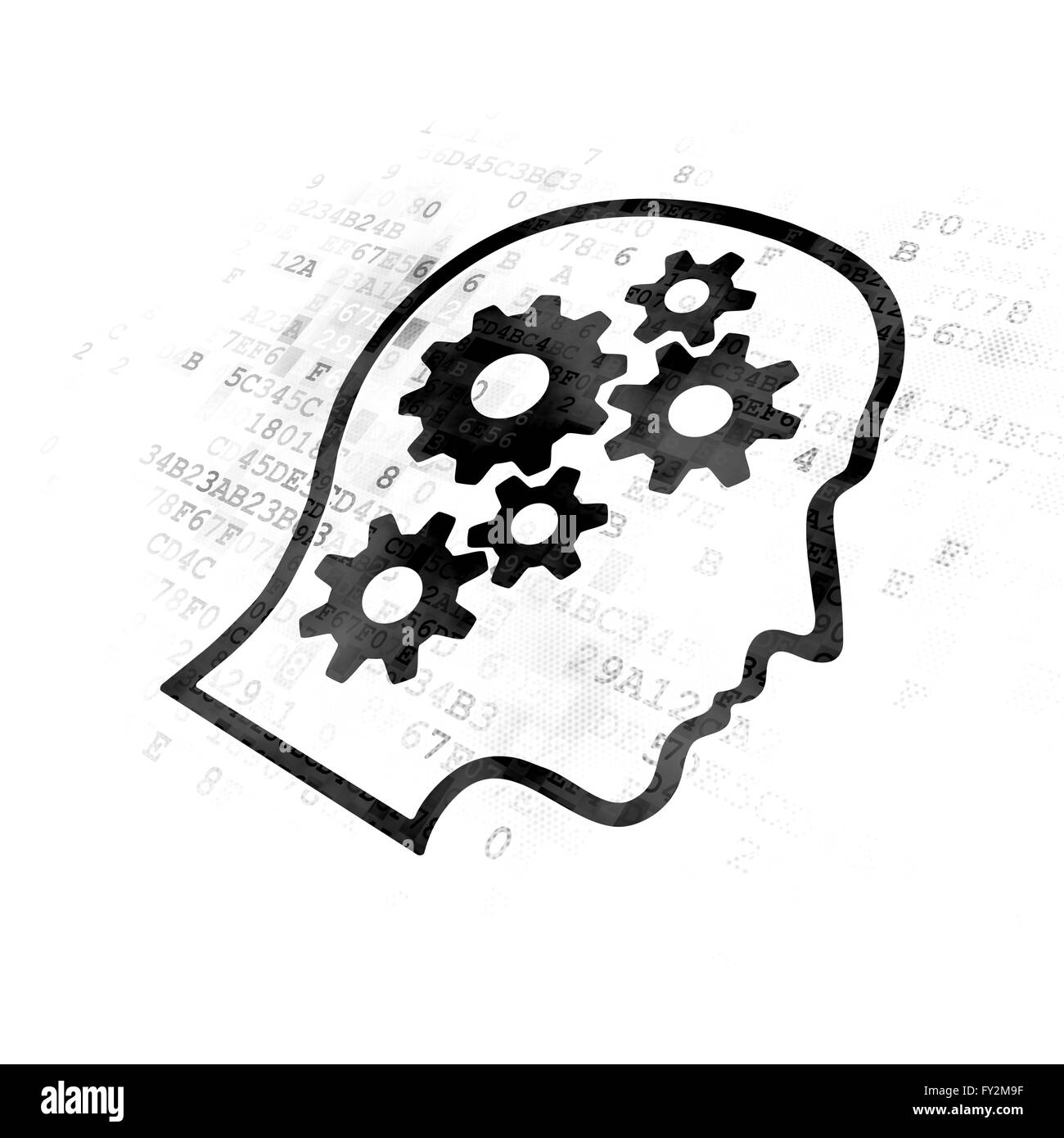 Il concetto di business: Testa con ingranaggi su sfondo digitale Foto Stock