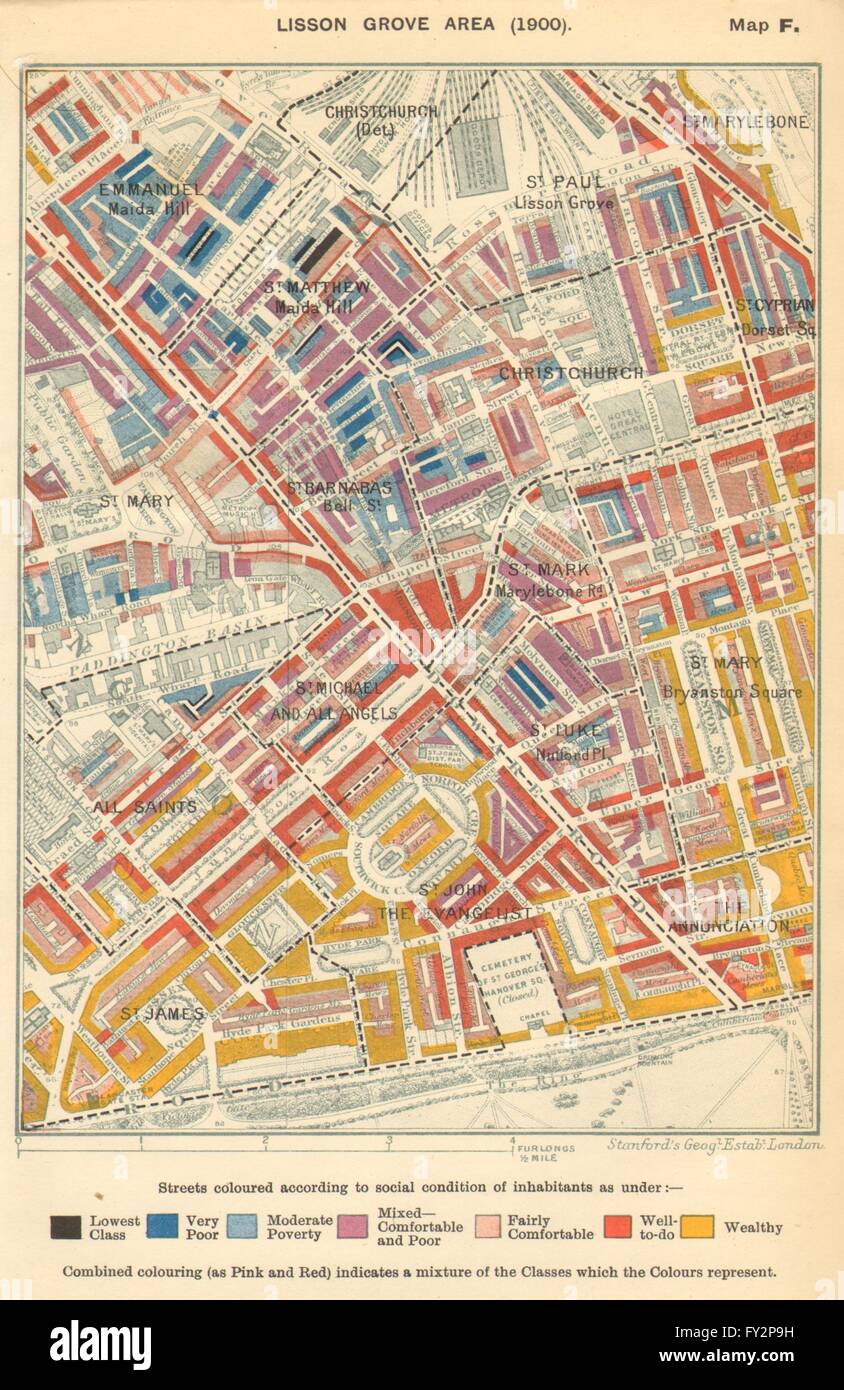 BAYSWATER WEST MARYLEBONE: Stand povertà mappa: Lisson Grove Paddington, 1902 Foto Stock
