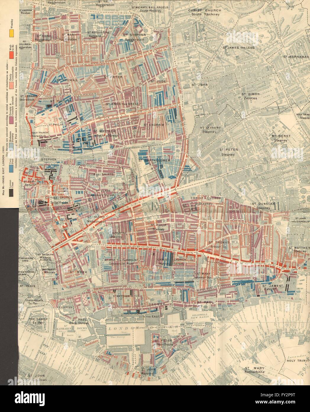 CHARLES BOOTH POVERTÀ MAPPA: Wapping Whitechapel Shoreditch Bethnal Green 1902 Foto Stock