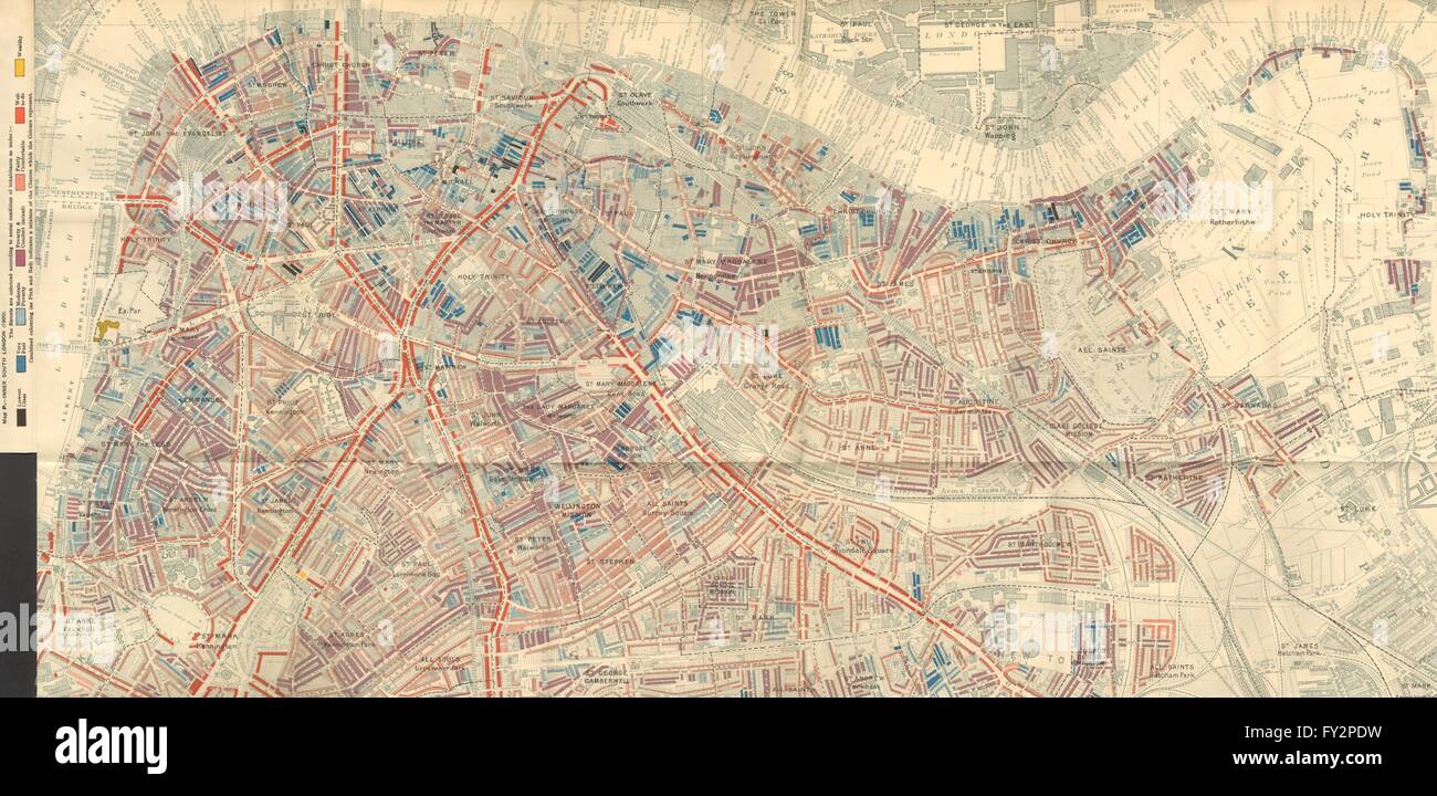 S LONDRA: Charles Booth povertà: Mappa Bermondsey Lambeth Rotherhithe Borough 1902 Foto Stock