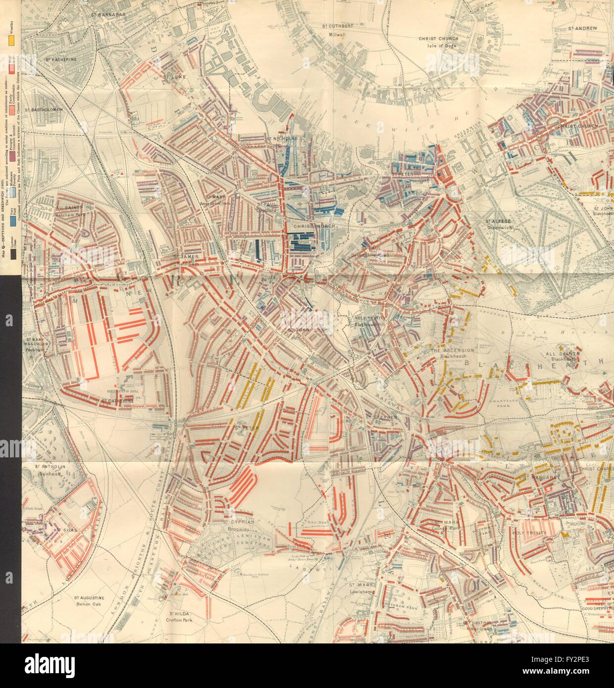 GREENWICH: Charles Booth povertà mappa.Blackheath Lewisham nuova croce Deptford 1902 Foto Stock