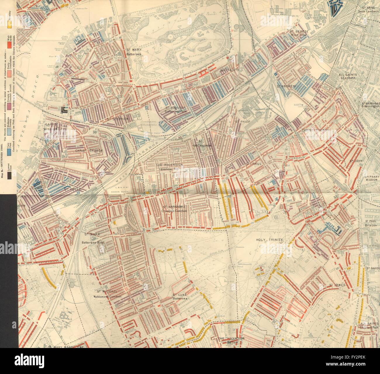 CLAPHAM BATTERSEA:Charles Booth povertà mappa.Balham Lavender Hill B'sea luogo 1902 Foto Stock