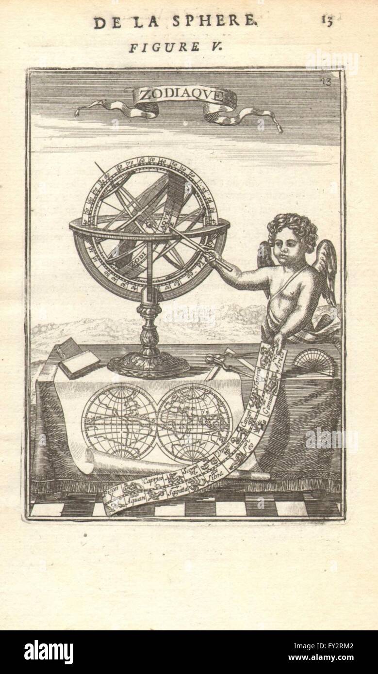 Sfera armillare: 'Zodiaque'. Segni dello Zodiaco astrolabio cherubino. MALLET, 1683 Foto Stock