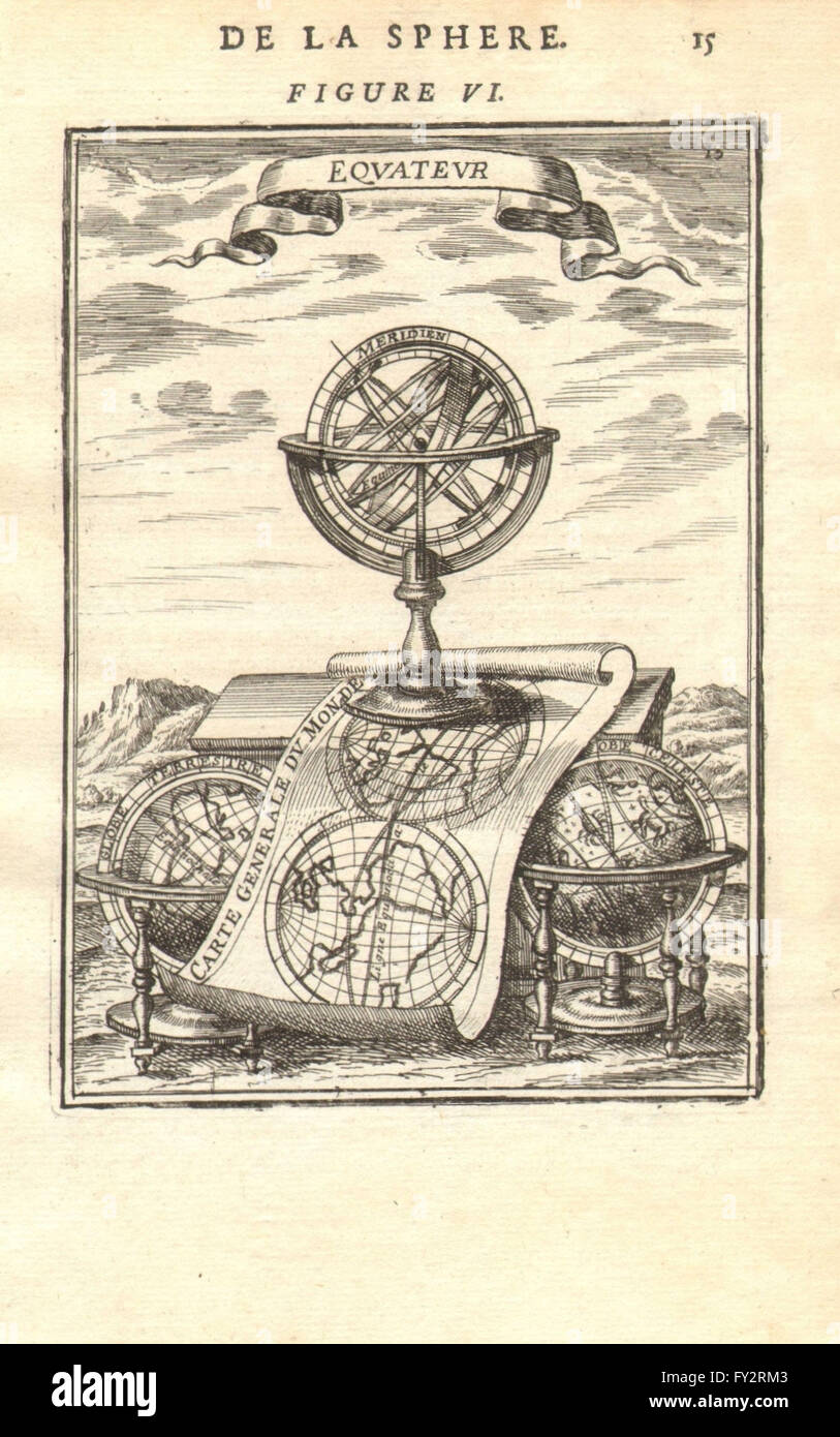 Sfera armillare: 'Equateur'. Carte Generale du Monde. Astrolabio. MALLET, 1683 Foto Stock