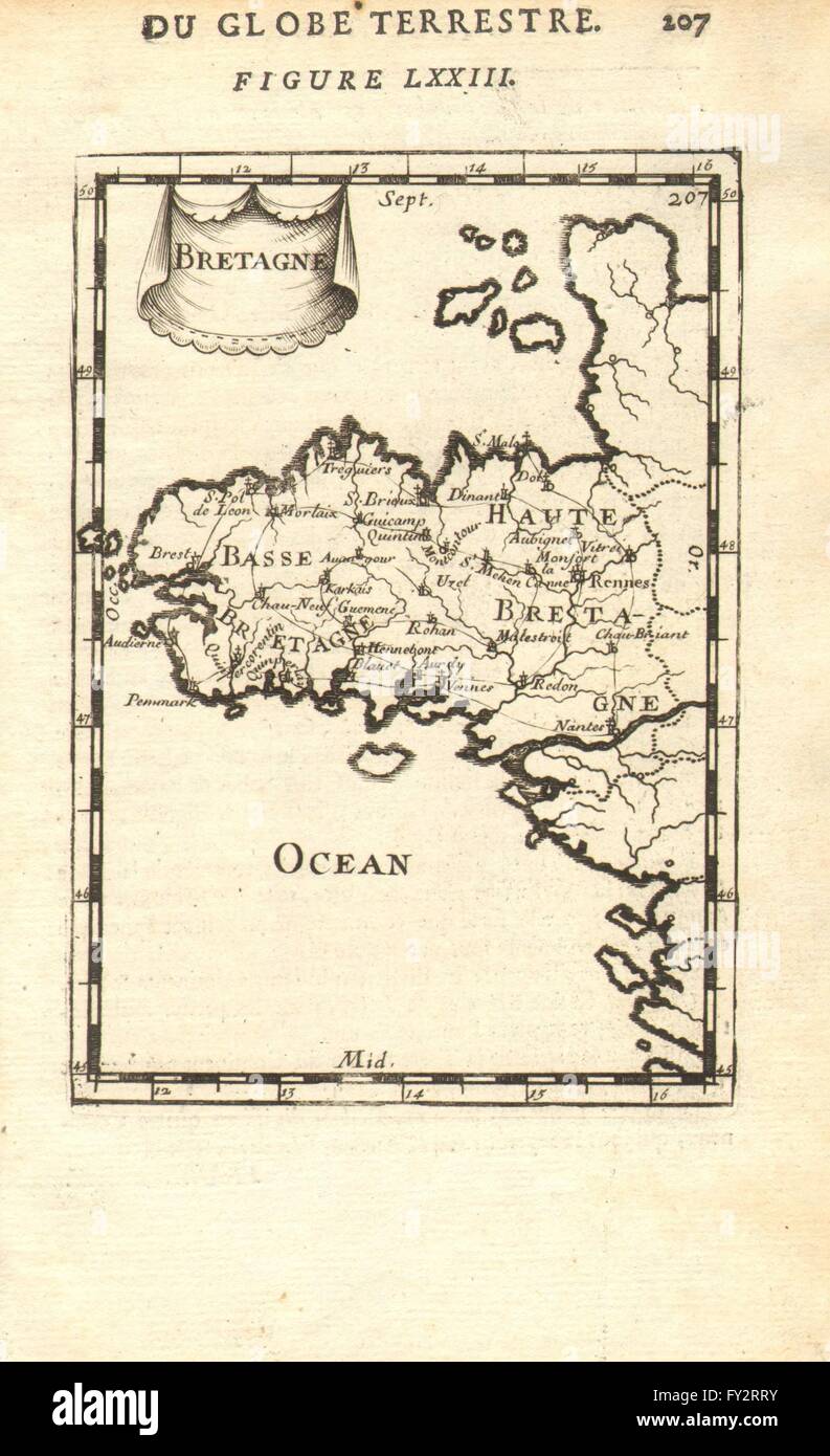 BRETAGNE: mappa della Bretagna che mostra le principali città. MALLET, 1683 Foto Stock