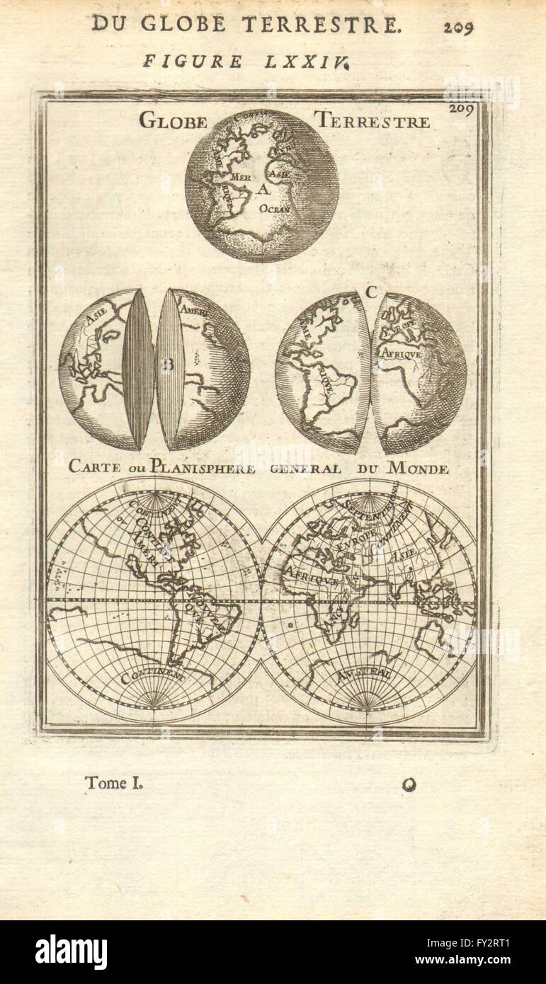 Mondo: globo terrestre; Carte planisfero unità organizzativa generale du Monde. MALLET, 1683 Mappa Foto Stock