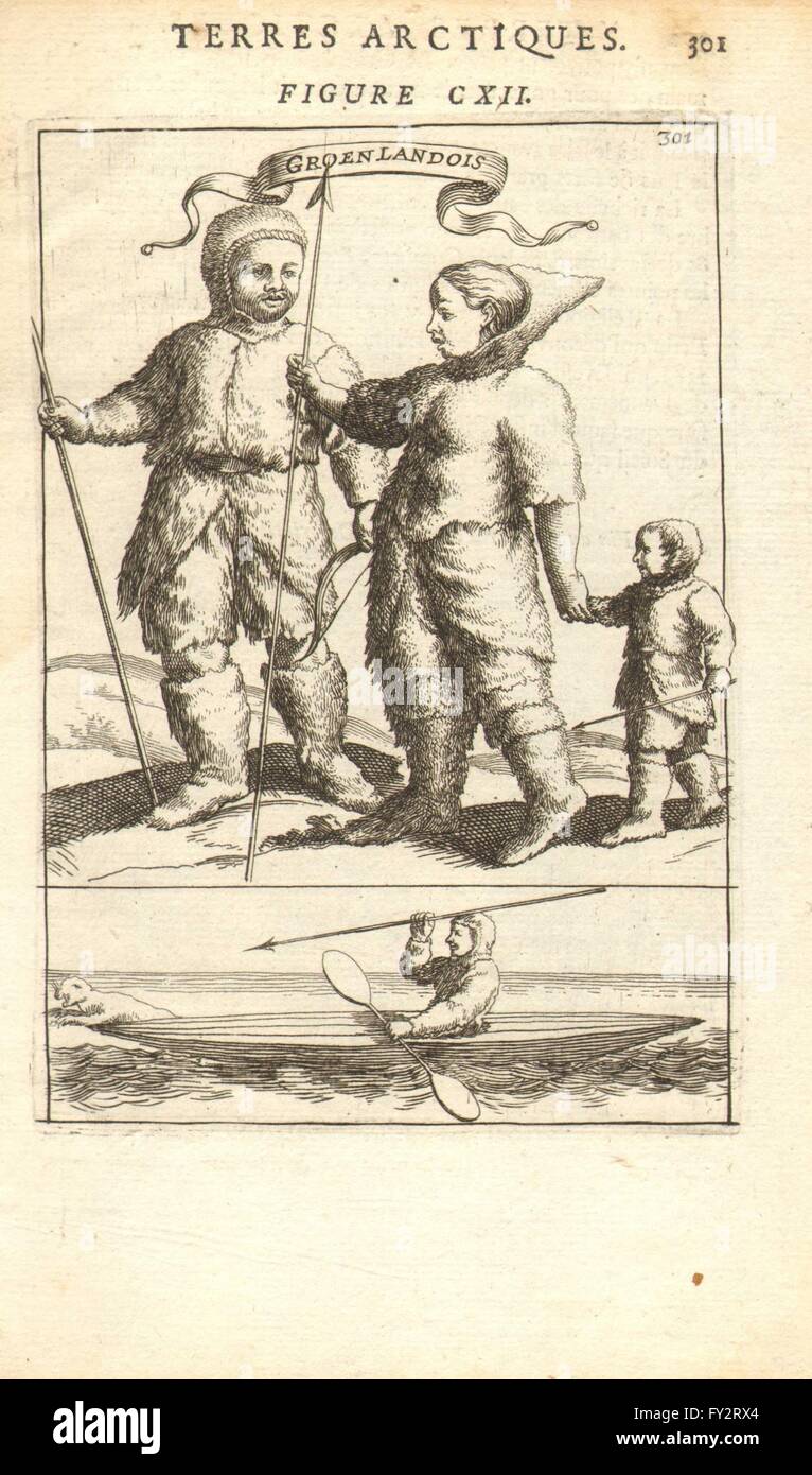 La Groenlandia: 'Groenlandois'. Eschimese famiglia 17C abito. La caccia alle foche. MALLET, 1683 Foto Stock