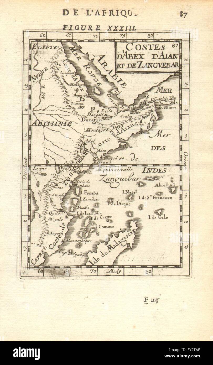 AFRICA ORIENTALE:Kenya Tanzania Seychelles Zanzibar Madagascar Sudan, 1683 mappa vecchia Foto Stock