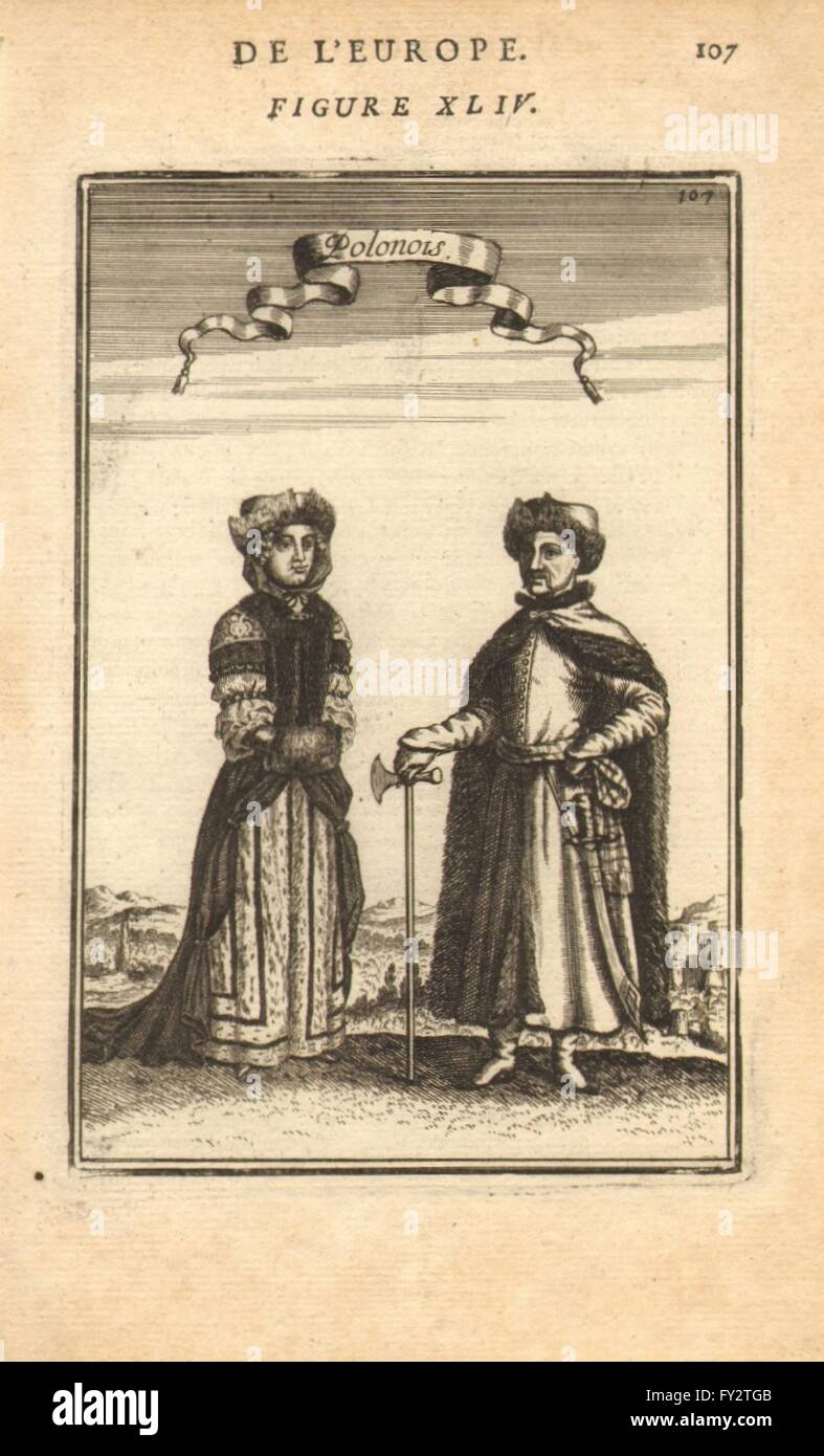 La Polonia costume: Polacco uomo & donna in costume nazionale. "Polonois'. MALLET, 1683 Foto Stock