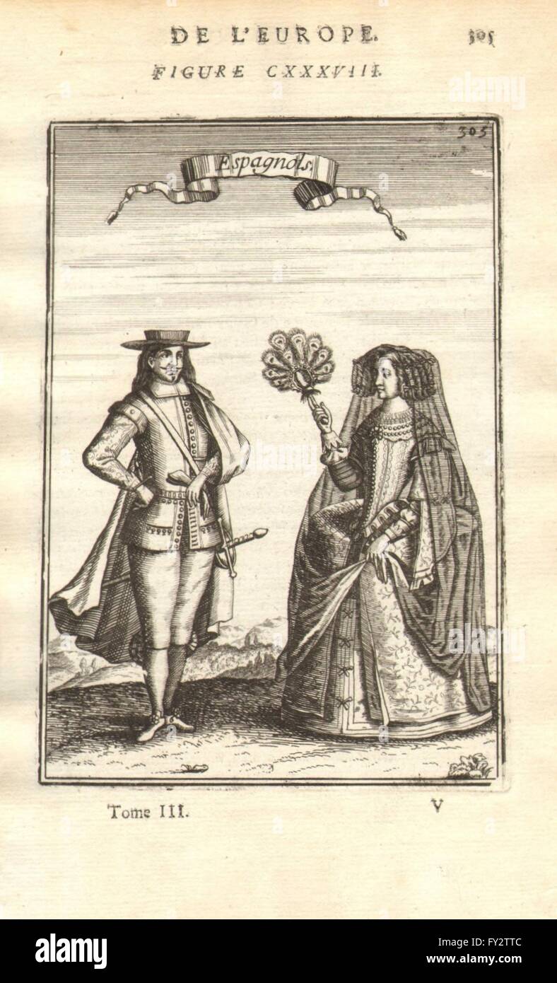 Spagna costume: Spagnolo uomo & donna in 17C abito. " Espagnols. MALLET, 1683 Foto Stock