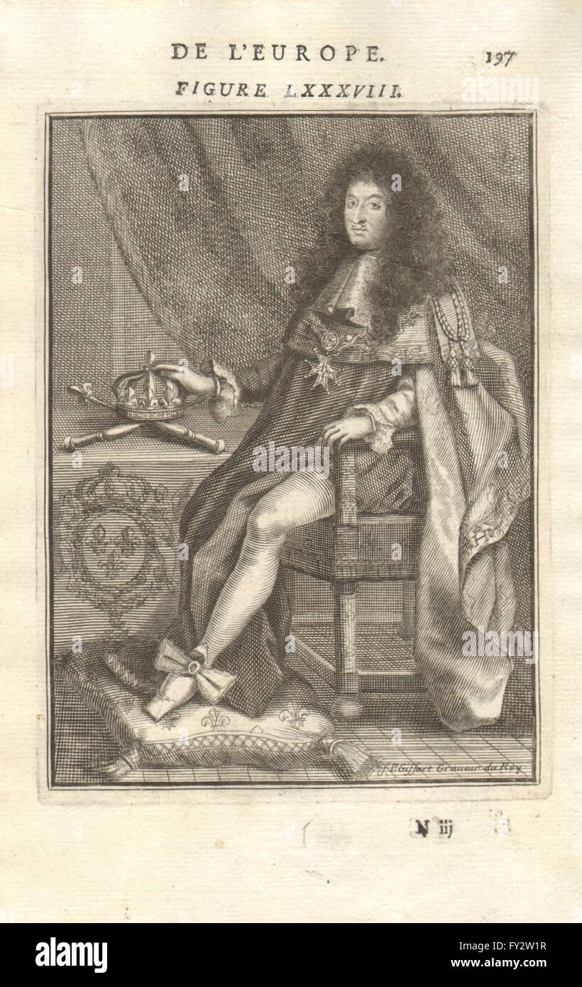 Luigi XIV, il Re Sole: seduto con medaglie & Crown. Roi de France. MALLET, 1683 Foto Stock