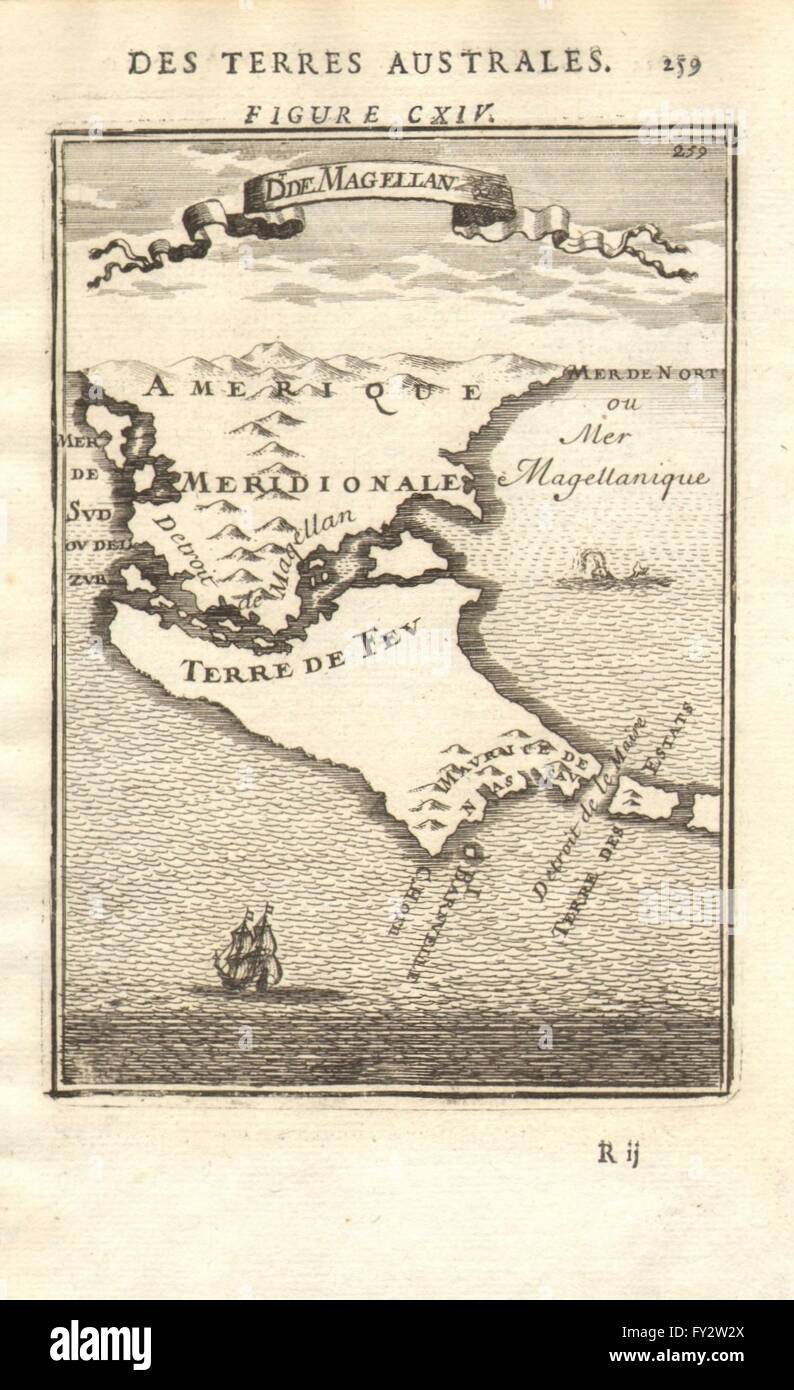 TIERRA DEL FUEGO: Capo Horn. Stretto di Magellano. Chile Argentina. MALLET, 1683 Mappa Foto Stock