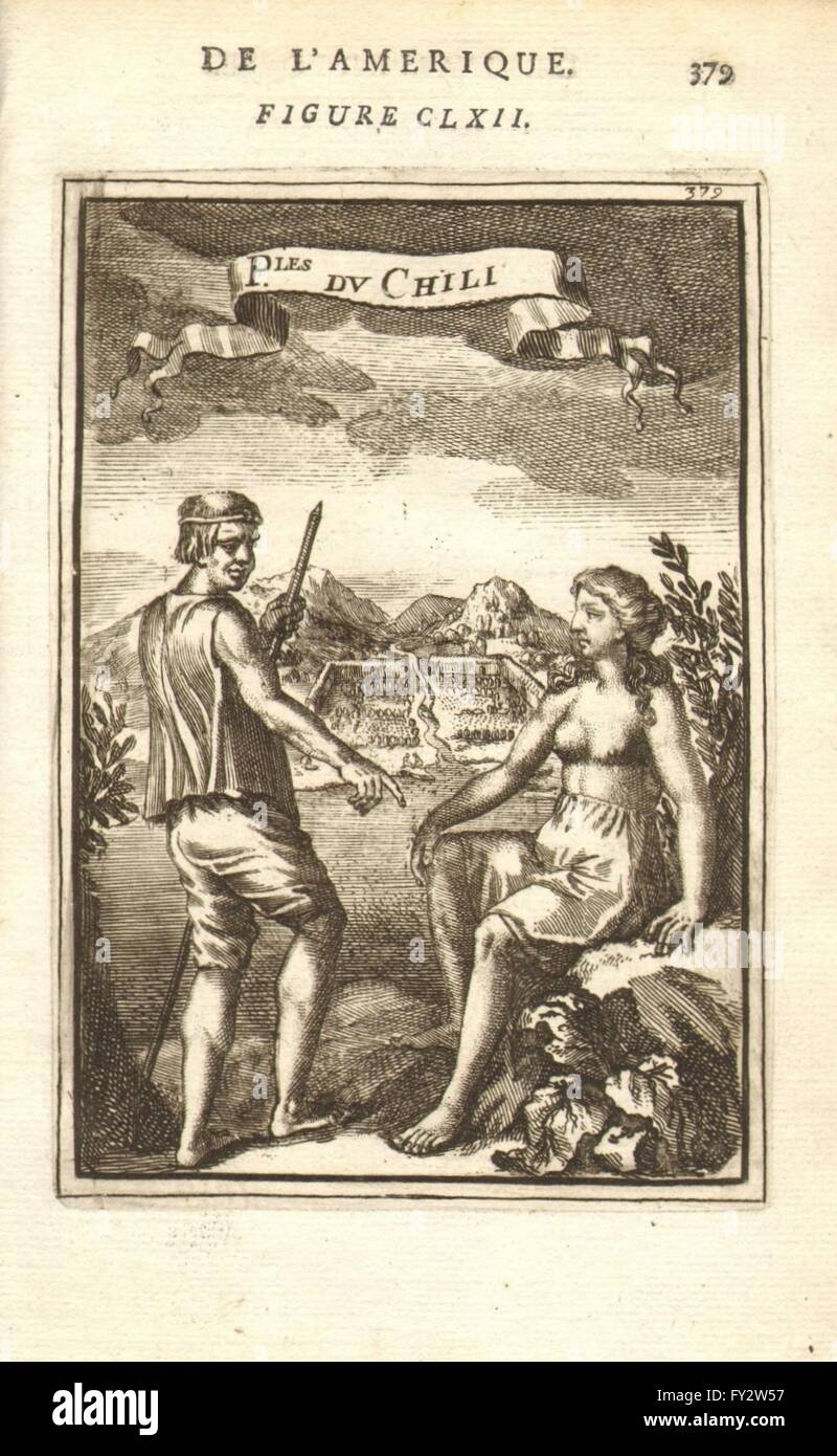 Il Cile costume: Amerindian mappa & donna. "Peuples du Chili". Tribali. MALLET, 1683 Foto Stock