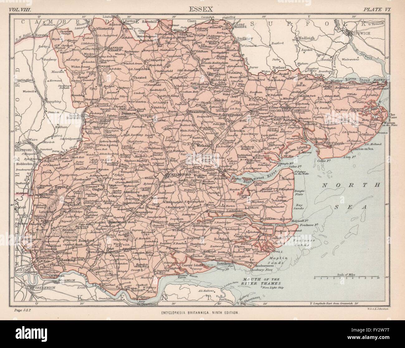 ESSEX: County map. Estuario del Tamigi. La britannica 9a edizione, 1898 Foto Stock