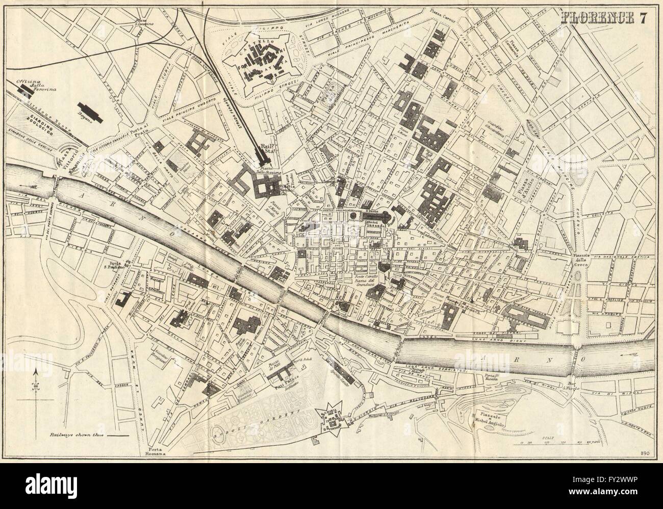 Firenze Firenze: antico piano urbanistico. Mappa della città. L'Italia. BRADSHAW, 1890 Foto Stock