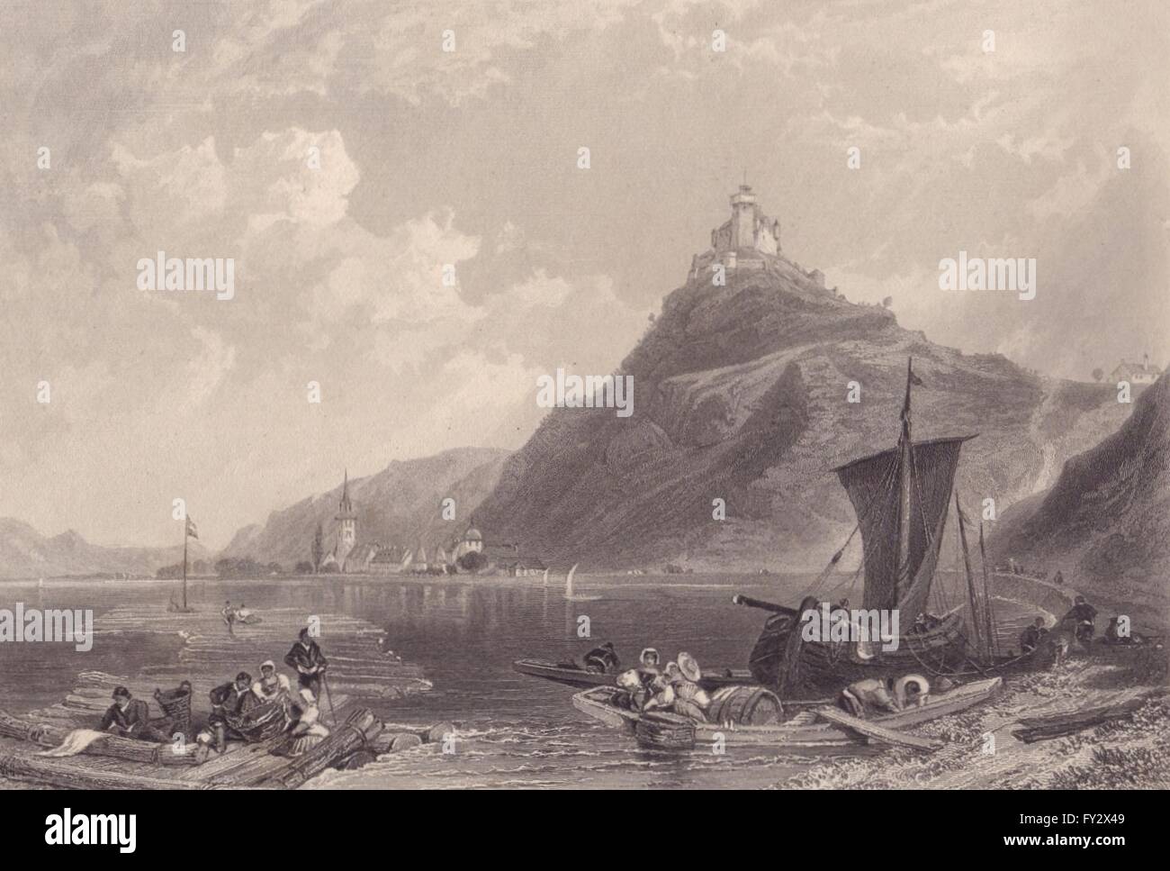 Il MARKSBURG CASTLE & BRAUBACH: Acciaio incisione. Germania. Valle del Reno, 1875 Foto Stock