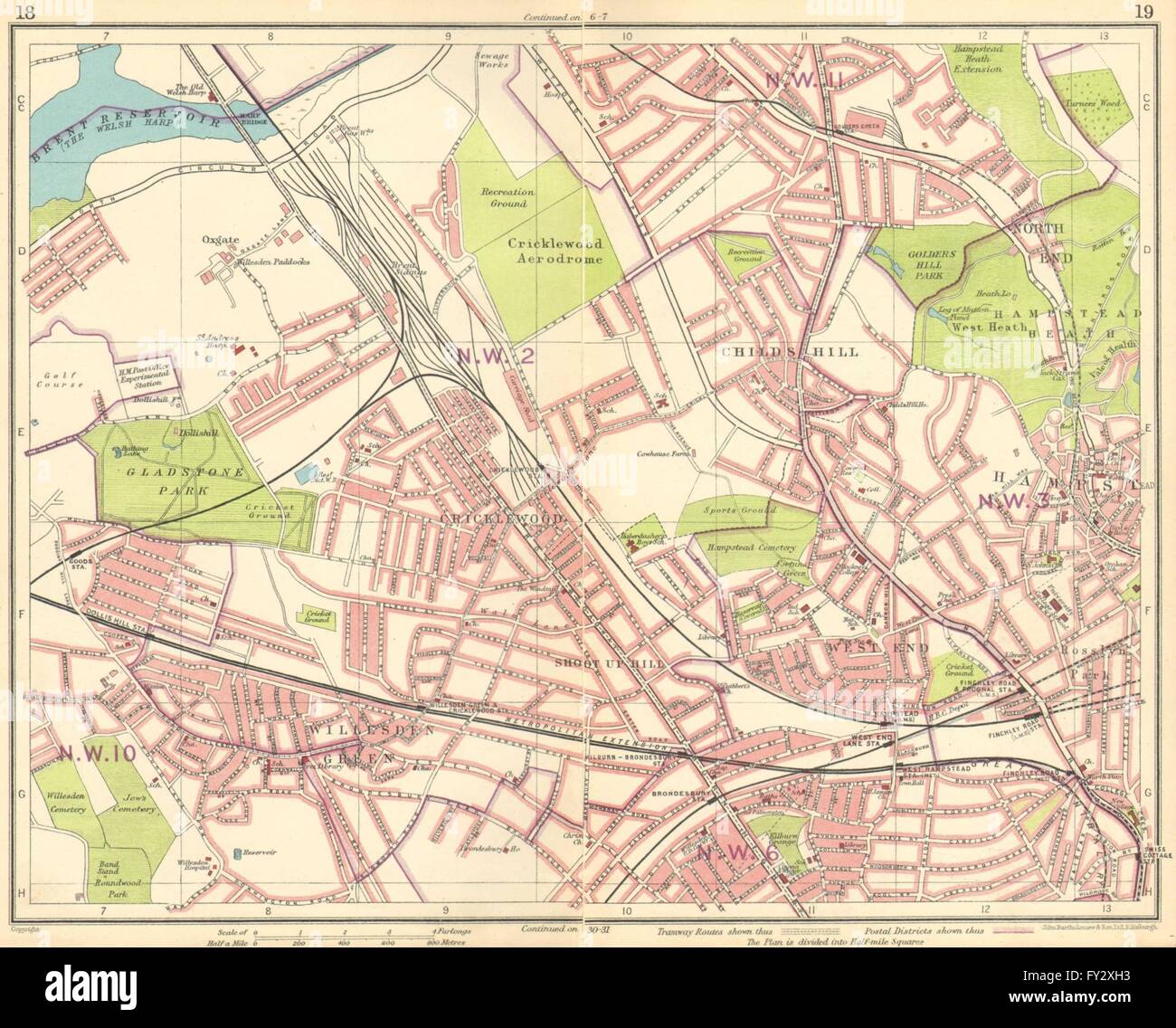 LONDON NW:Cricklewood Aerodrome Willesden Green Hampstead Brondesbury, 1930 Mappa Foto Stock