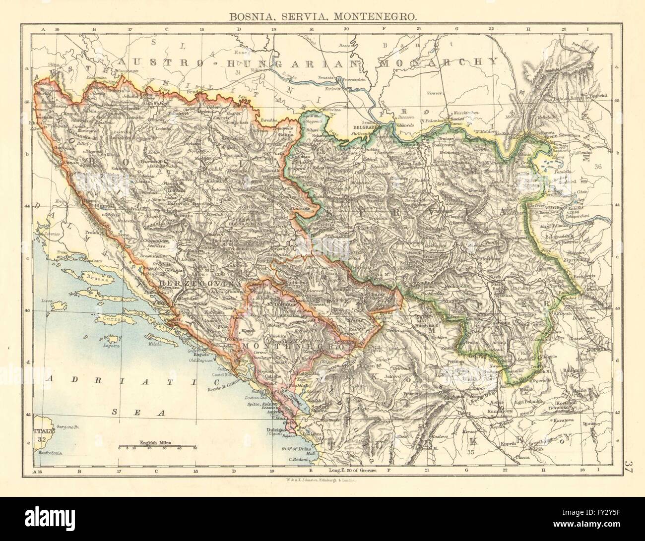 La BOSNIA SERVIA MONTENEGRO. Balcani Serbia Croazia Erzegovina.Johnston, 1899 Mappa Foto Stock