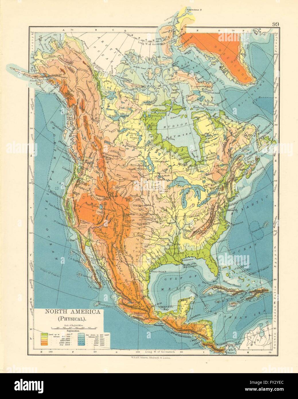 Nord America fisico. Sollievo. Chiave di altezze di montagne. Oceano profondo , 1899 mappa Foto Stock