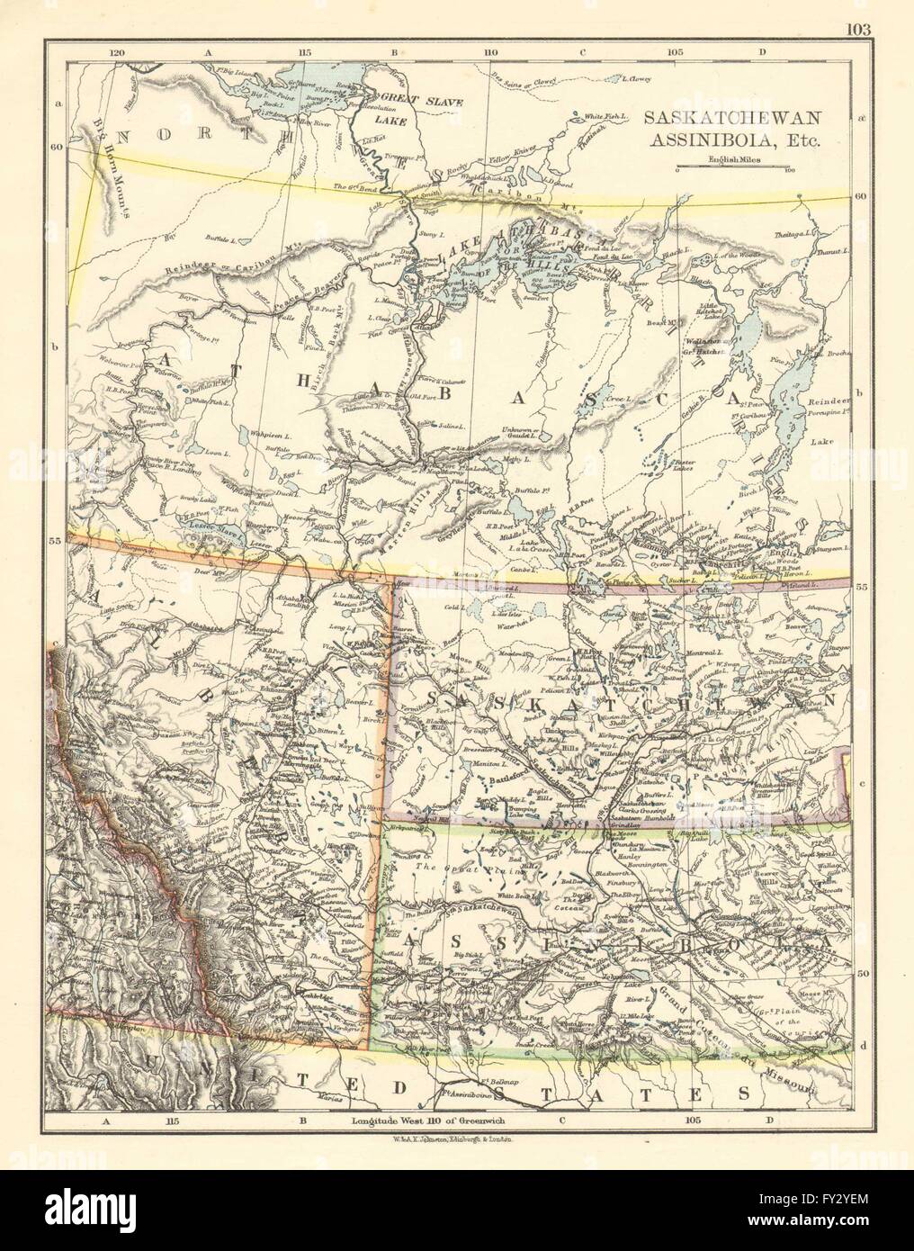 CANADA praterie. Lo stato di Alberta, Saskatchewan Assiniboia Athabasca. JOHNSTON, 1899 Mappa Foto Stock
