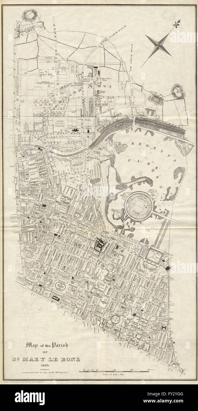 MARYLEBONE St John's Wood. "Parrocchia di St Marylebone'. Fitzrovia, 1833 mappa vecchia Foto Stock