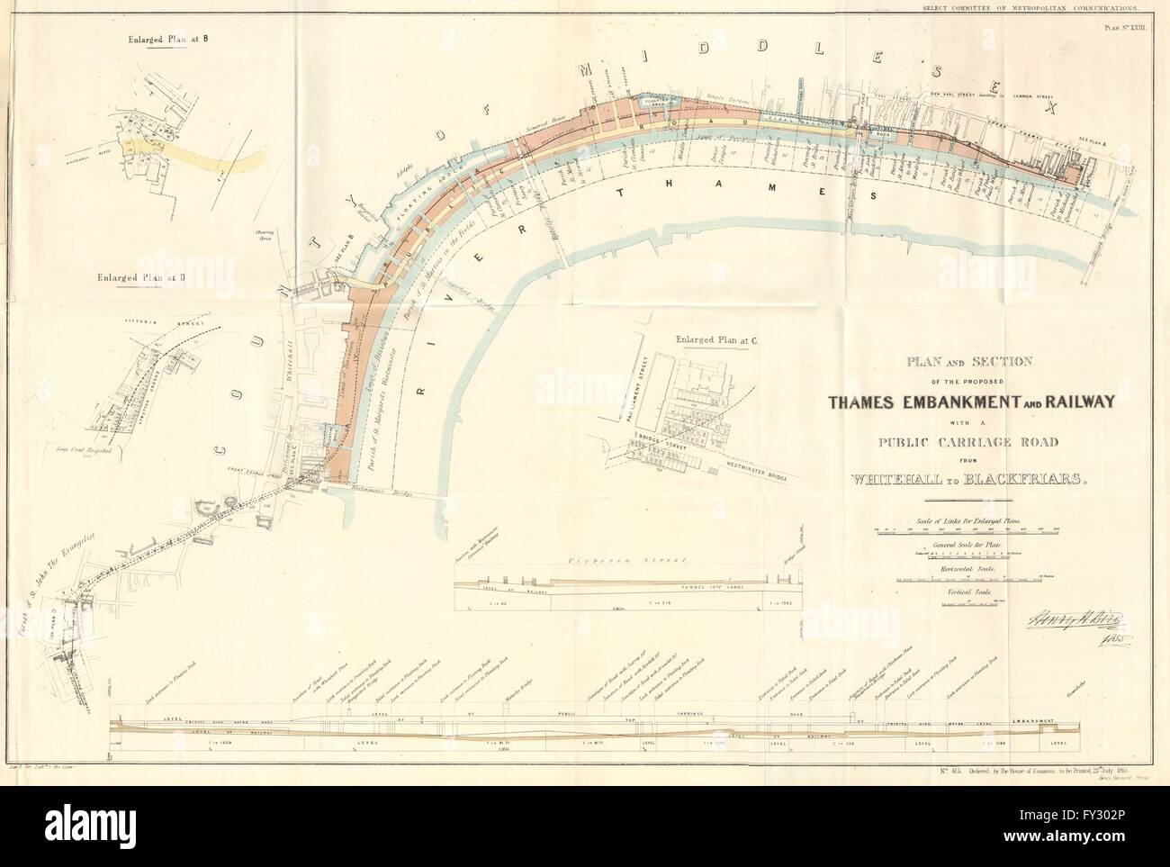 Proposta di Tamigi Embankment per la circolazione su strada e ferrovia. Conserva pontili.Henry Bird, 1855 Mappa Foto Stock