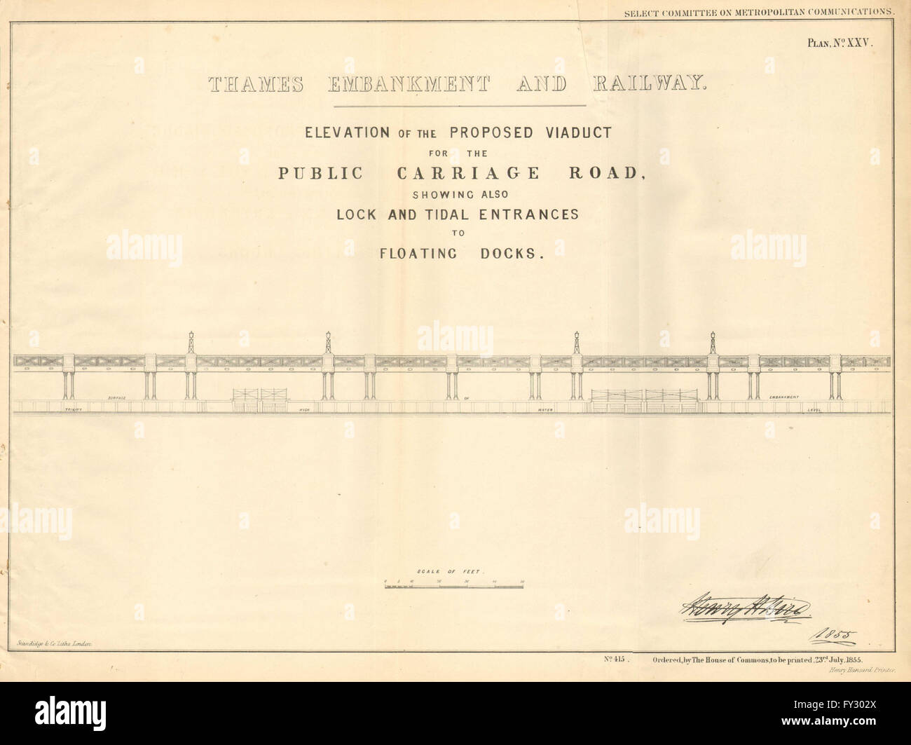 Proposta di Tamigi Embankment viadotto stradale. Blocca/Docks/pontili. H BIRD, 1855 Mappa Foto Stock