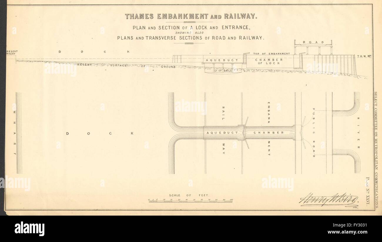 Proposta di Tamigi Embankment viadotto stradale. Ingresso di blocco. HENRY BIRD, 1855 Mappa Foto Stock