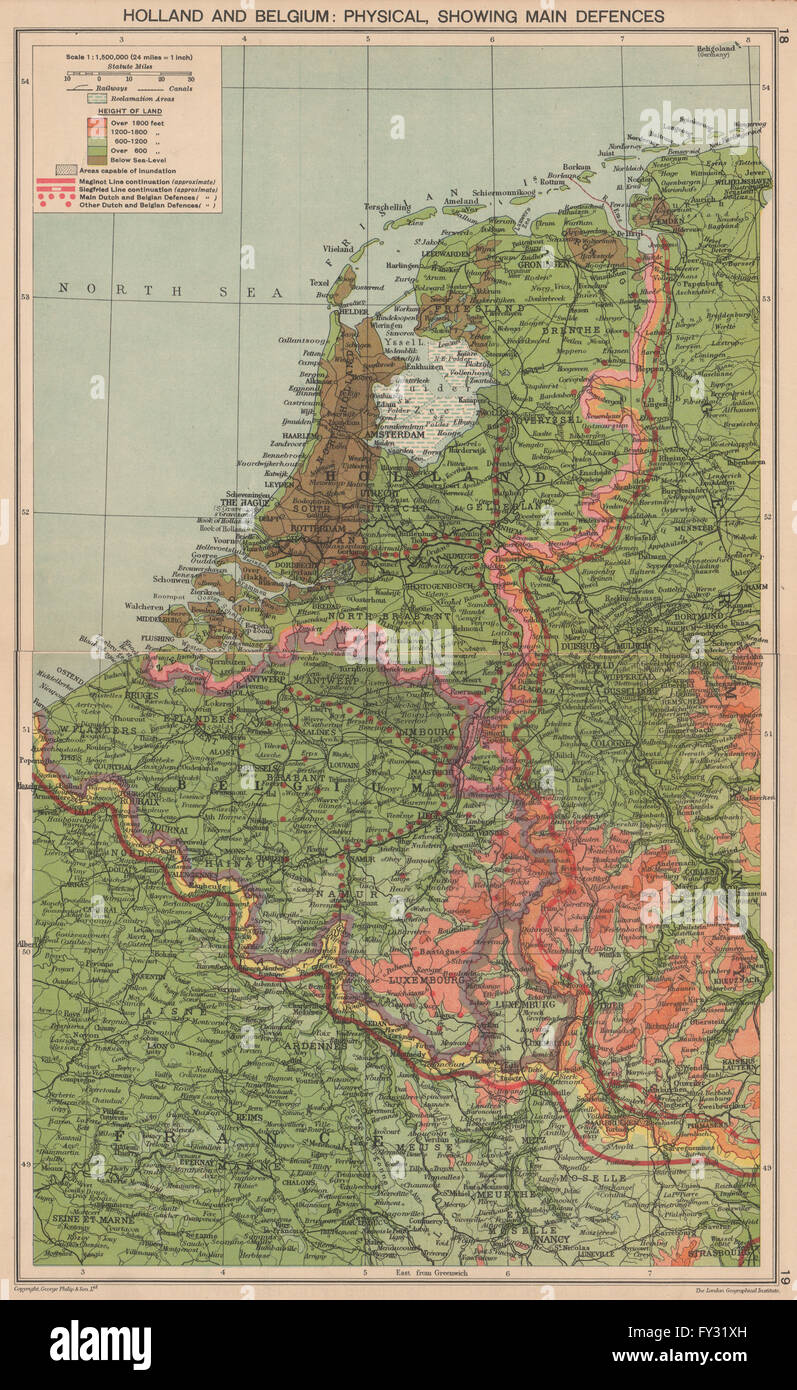 Guerra Mondiale 2: Paesi Bassi e Belgio difese. Di Maginot & Siegfried linee, 1940 Mappa Foto Stock