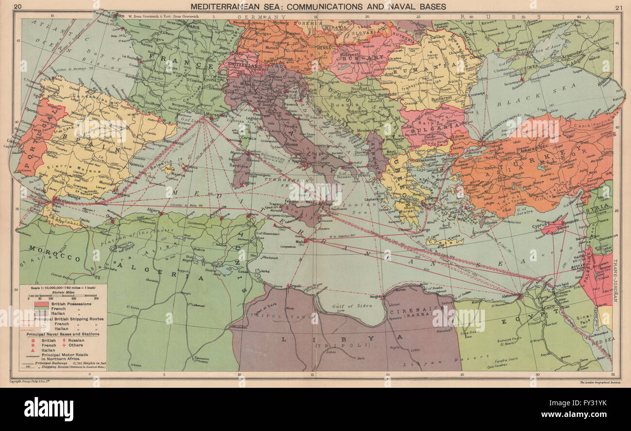 1940 MARE MEDITERRANEO: WW2 delle Basi Navali. Dodecanneso italiano in Albania, 1940 Mappa Foto Stock