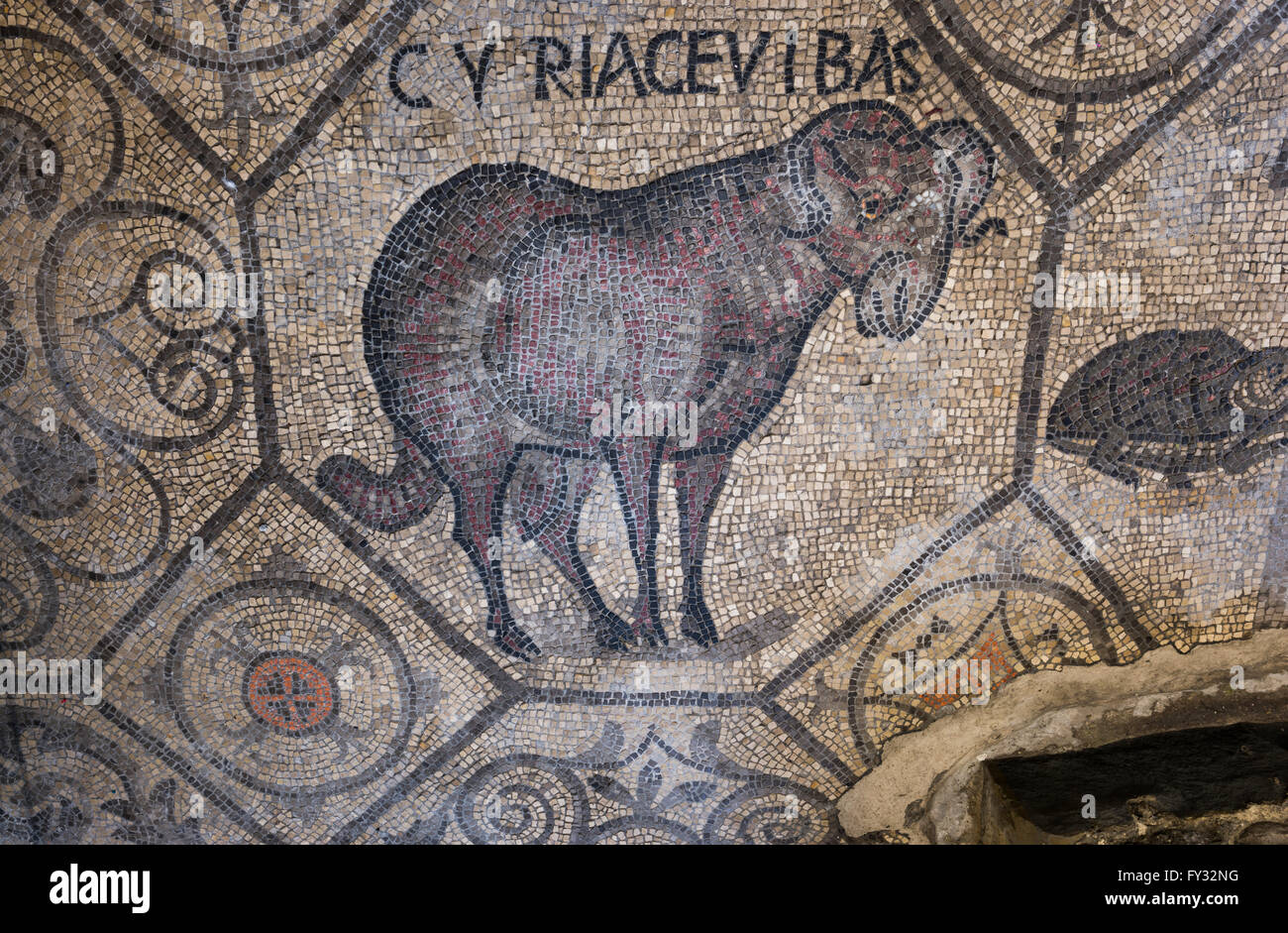 Dei primi Cristiani pavimento in mosaico con simbologia animale, del IV secolo, esposto nella basilica di stile romanico, Aquileia, provincia di Udine Foto Stock