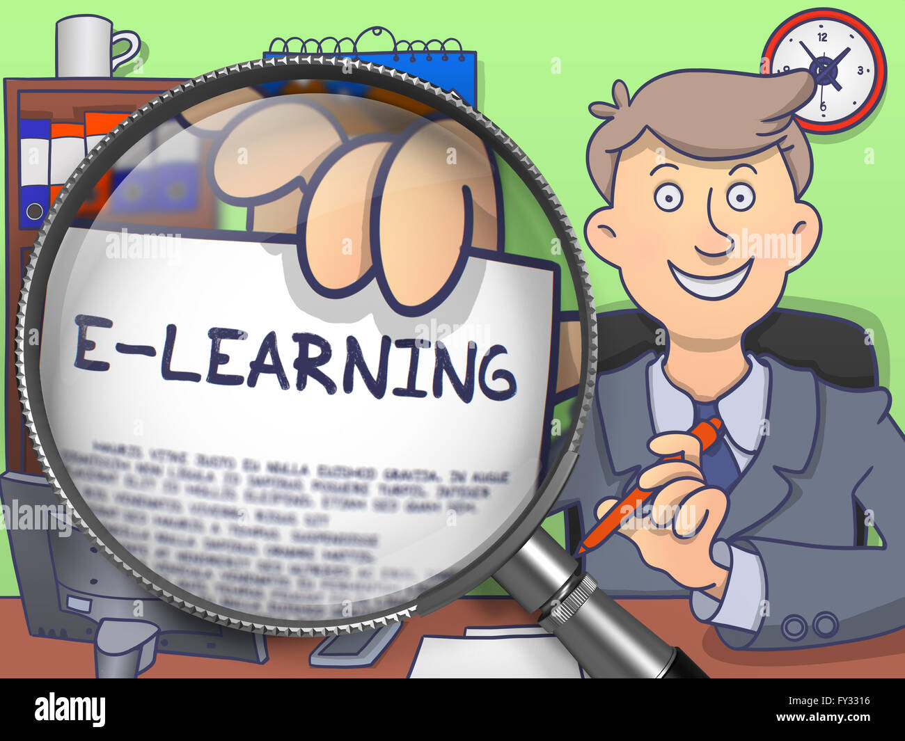 L'E-Learning attraverso la lente di ingrandimento. Doodle stile. Foto Stock
