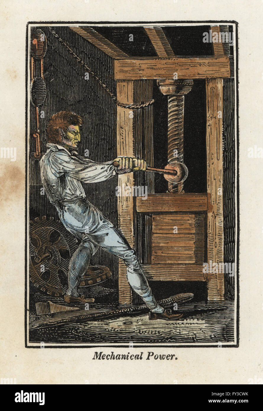Un lavoratore usando energia meccanica per premere la carta in un mulino. Handcolored xilografia incisione dal libro di inglese commerciale e la biblioteca delle arti utili, Phillips, Londra, 1818. Foto Stock