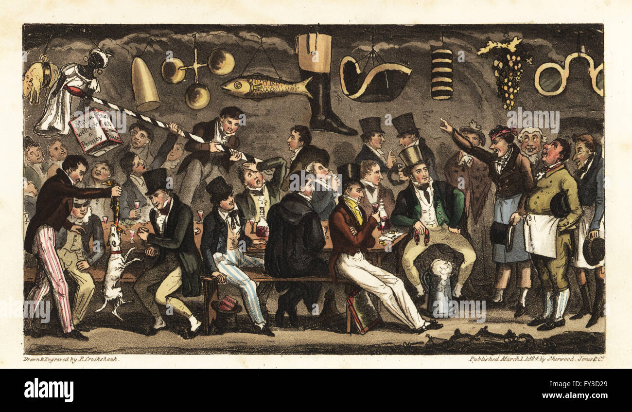 Potabile parte a Christopher public house per una società di Old Etonians che ha rubato la inn e insegne. Indicazioni per una pedina negozio, milliners, ottico, wineseller, pescheria, ciabattino, barbiere, ecc. Oppidan's Museum, o Eton corte di rivendicazioni a Christopher. Copperplate Handcolored disegnato e inciso da Robert Cruikshank dall'inglese Spy, Londra, 1825. Scritto da Bernard Blackmantle, uno pseudonimo di Charles Molloy Westmacott. Foto Stock