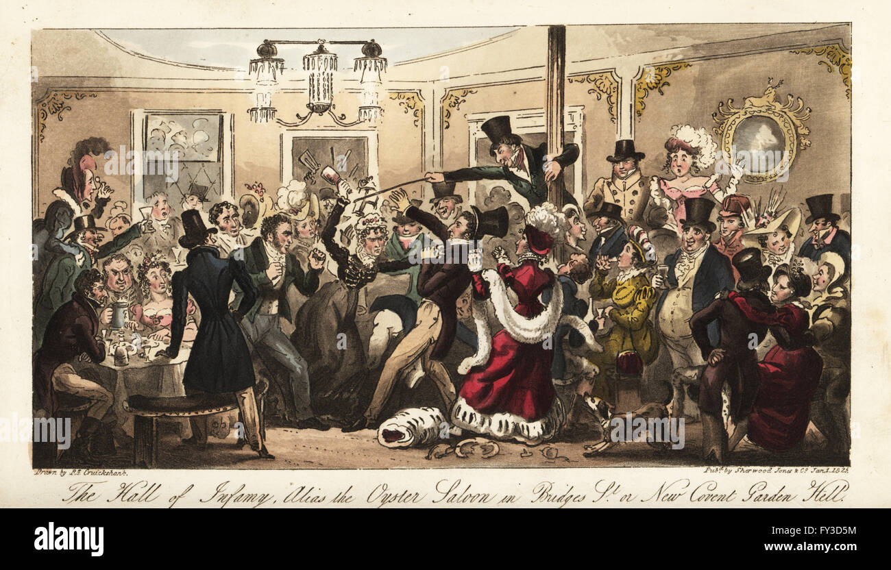 Regency colleghi terminando la notte con una lotta al famigerato bar a 4AM. La sala di infamia, alias la berlina di ostriche in ponti San o New Covent Garden. Copperplate Handcolored disegnato e inciso da Robert Cruikshank dall'inglese Spy, Londra, 1825. Scritto da Bernard Blackmantle, uno pseudonimo di Charles Molloy Westmacott. Foto Stock