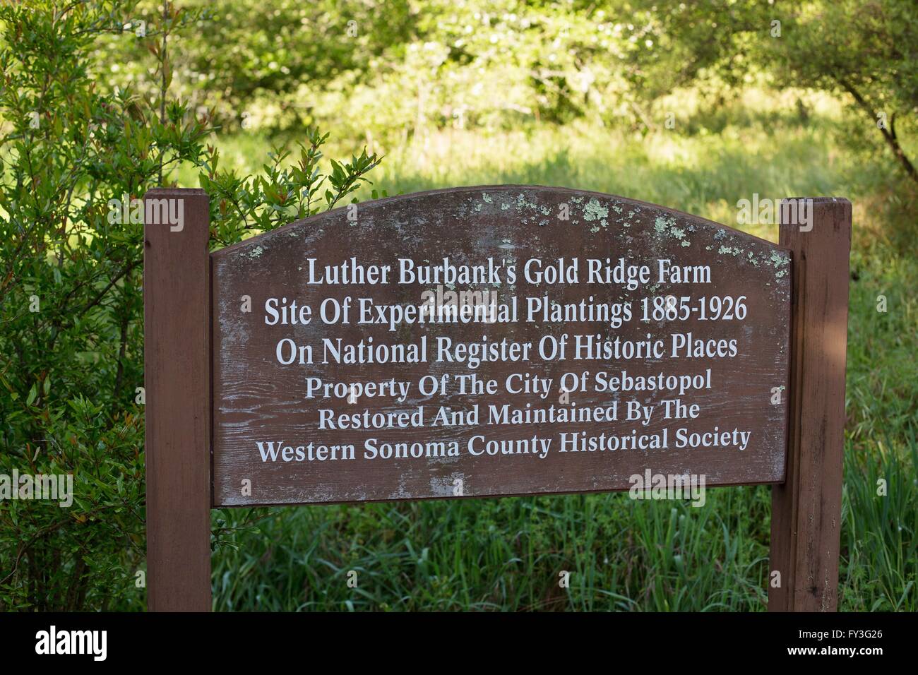 Un segno a Luther Burbank's Gold Ridge fattoria sperimentale in Sebastopol, California, Stati Uniti d'America. Foto Stock